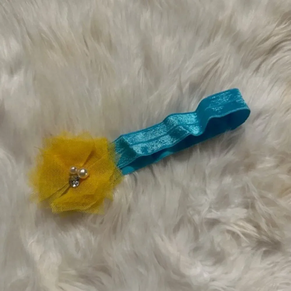 Yellow Tulle Flowers on Aqua FOE Headband  7608  Handmade Boutique